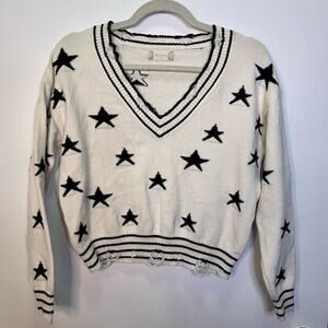Altar’d State Distressed White With Black Stars V Neck Sweater Women’s XS